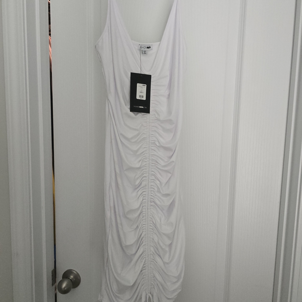 Fashion Nova White Ruched Midi Dress